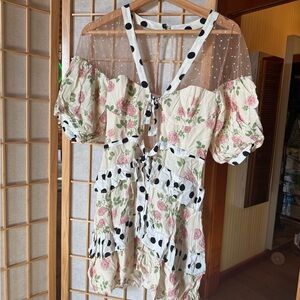 For Love and Lemons Floral & Polka Dot Puff Sleeve Mini Dress